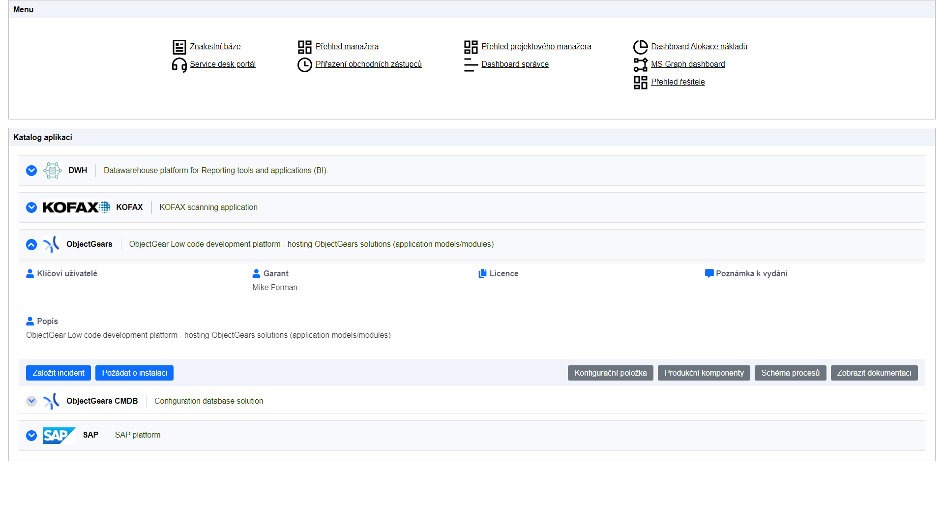 Aplikační katalog na platformě pro low code development ObjectGears.