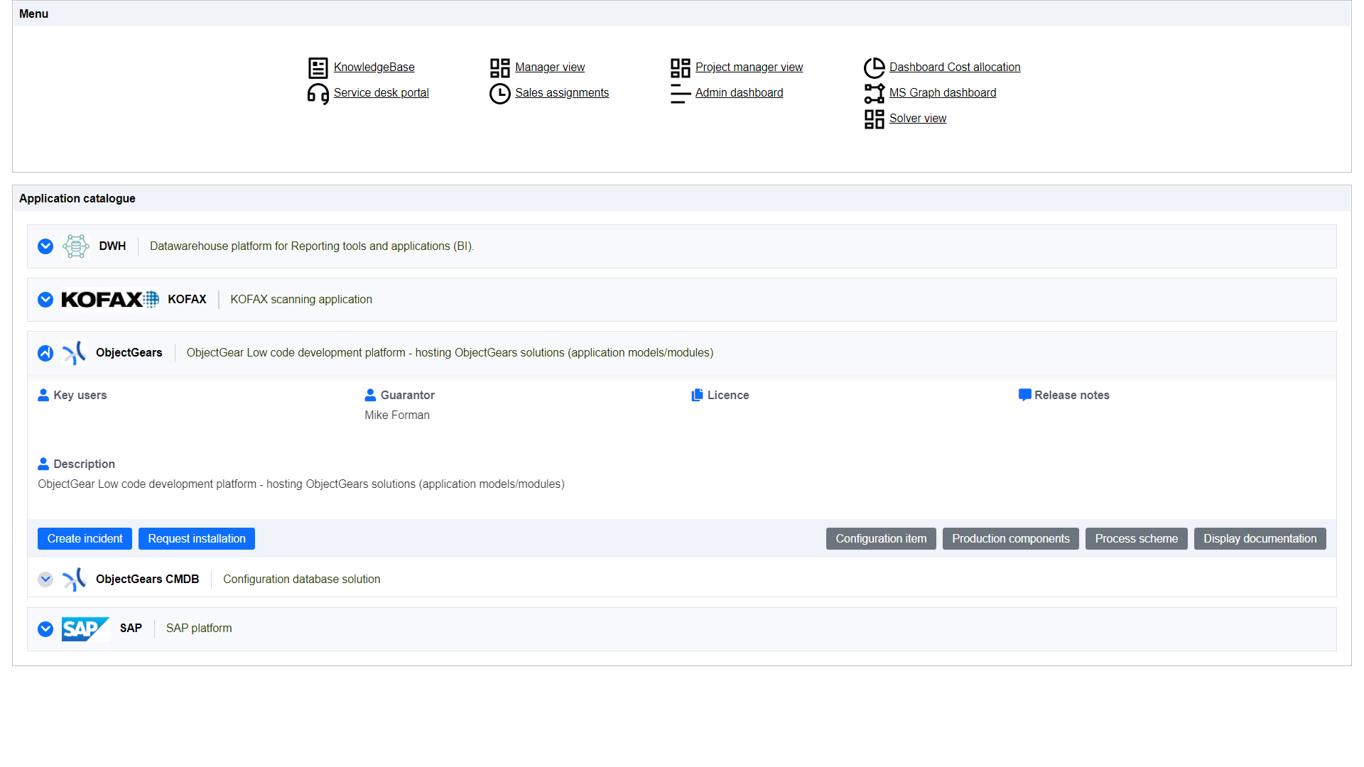 Application catalogue developed on ObjectGears low code development platform.