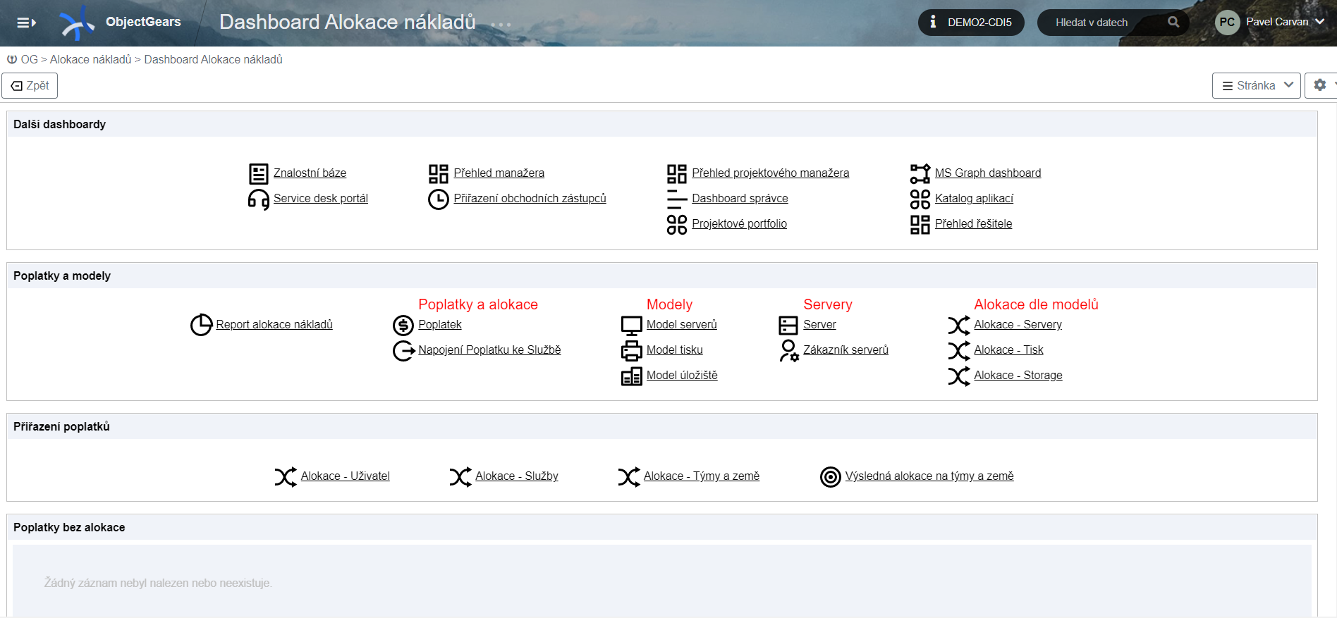 Dashboard obsahuje jednak rozcestník k hlavním datům řešení a jednak přehledy identifikující nejrůznější nesrovnalosti.