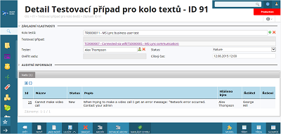 Detail testovacího případu pro kolo testů